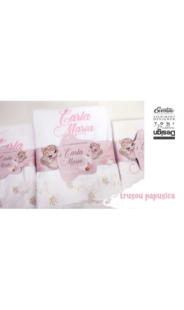 Trusou de botez cu papusica roz, gene lungi si broderie customizata, Doll 15